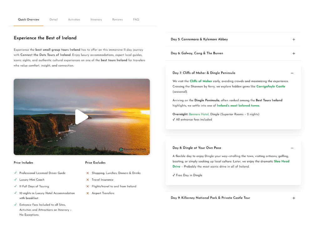 Connect the Dots Tours of Ireland Content Plan Case Study 1